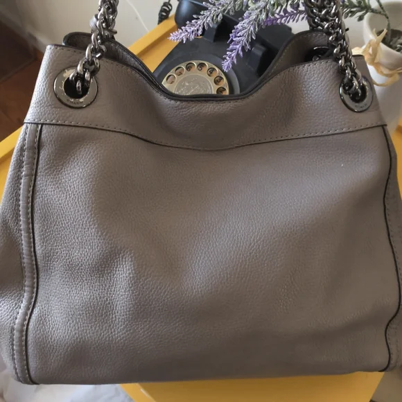 Coach Taupe Grey Madison Phoebe Pebbled Leather Chain Large Shoulder Bag - Picture 4 of 14